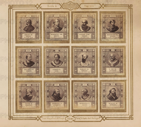 Photo reproduction of twelve portraits of popes, photograph, reproduction, page, photographer: M. Petagna, Rome, after sculpture by anonymous, c. 1854 - in or before 1864, after sculpture by, paper, albumen print, height 187 mm x width 210 mm, pope, A faded printed sheet shows a grid of framed square portraits arranged in rows and columns, each portrait set within an ornate rectangular border with floral corner motifs and a decorative circular medallion containing a bust of a man in historical dress; the busts show varied hairstyles and facial hair, including beards and clean-shaven faces, and different collars, robes, and drapery; the frames have a double-line outer border and inner patterned edges, and the sheet has a decorative outer frame with geometric corner elements and a central cartouche at the bottom; the overall paper has a yellowed, aged tone with subtle stains and spots.