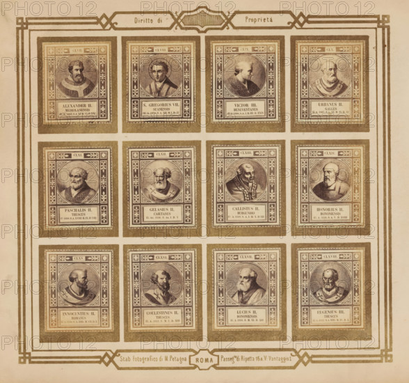 Photo reproduction of twelve portraits of popes, photograph, reproduction, page, photographer: M. Petagna, Rome, after sculpture by anonymous, c. 1854 - in or before 1864, after sculpture by, paper, albumen print, height 187 mm x width 210 mm, pope, A sepia-toned sheet shows a grid of ornate rectangular panels framed by decorative borders, each panel containing a circular portrait of a bearded or clean-shaven man in historical robes or clerical garments, surrounded by patterned corners and floral motifs, with a small framed area beneath each portrait; the grid is set within thicker outer lines and corner embellishments, and the overall appearance is aged with light stains and slight discoloration.