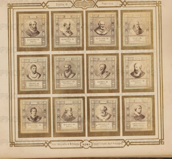 Photo reproduction of twelve portraits of popes, photograph, reproduction, page, photographer: M. Petagna, Rome, after sculpture by anonymous, c. 1854 - in or before 1864, after sculpture by, paper, albumen print, height 187 mm x width 210 mm, pope, A sepia-toned sheet shows a grid of framed rectangular portrait panels arranged in rows and columns, each panel containing a circular bust of a man in historical attire set within decorative borders, with ornamental corner motifs and small rectangular caption boxes beneath the circular images; thick double-lined margins and decorative corner elements surround the grid, and a decorative horizontal cartouche runs along the bottom edge.