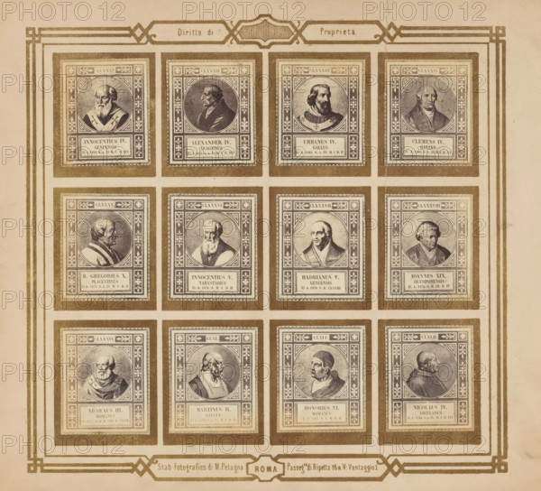 Photo reproduction of twelve portraits of popes, photograph, reproduction, page, photographer: M. Petagna, Rome, after sculpture by anonymous, c. 1854 - in or before 1864, after sculpture by, paper, albumen print, height 187 mm x width 210 mm, pope, A sepia-toned sheet displays a grid of framed rectangular portraits arranged in rows and columns, each frame containing an oval portrait of a different man shown from various angles and wearing robes or clerical collars; ornate decorative borders surround each portrait with floral and geometric patterns, and each framed portrait sits within a thicker dark outer border against a lighter background; the sheet is edged with a decorative triple-line border and corner embellishments, and a horizontal decorative band runs near the top and bottom of the page.