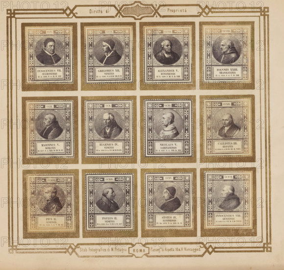 Photo reproduction of twelve portraits of popes, photograph, reproduction, page, photographer: M. Petagna, Rome, after sculpture by anonymous, c. 1854 - in or before 1864, after sculpture by, paper, albumen print, height 187 mm x width 210 mm, pope, A rectangular sheet with a decorative border contains a grid of framed portrait vignettes, each vignette showing a circular bust portrait of a person in profile or three-quarter view set within ornate square frames with floral corner motifs and patterned borders, printed in muted tones of brown and gray. The portraits depict people wearing clerical or historical clothing such as robes, caps, and collars, with varying hairstyles and head coverings; some faces show older features, some younger, and a few wear distinctive headgear. The grid is organized into rows and columns separated by pale vertical and horizontal rulers, and there is a decorative header area at the top and a decorative footer band at the bottom, all printed in the same sepi...