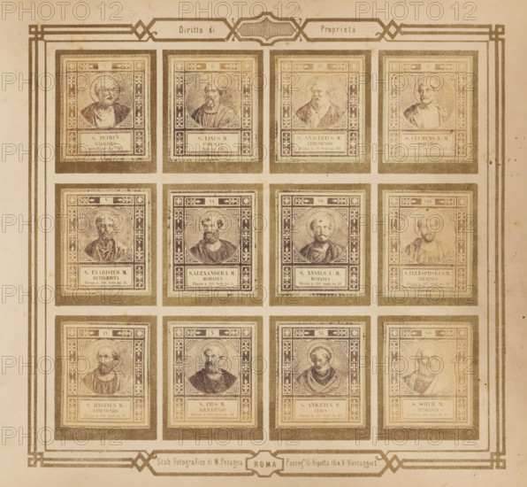 Photo reproduction of twelve portraits of popes, photograph, reproduction, page, photographer: M. Petagna, Rome, after sculpture by anonymous, c. 1854 - in or before 1864, after sculpture by, paper, albumen print, height 187 mm x width 210 mm, pope, A faded sepia printed sheet showing a grid of framed rectangular portrait panels arranged in rows and columns, each panel containing a circular bust of a bearded or clean-shaven man set within ornate patterned borders, with a smaller rectangular cartouche beneath each portrait; decorative double-line borders run along the outer edges of the sheet and ornate corner motifs appear at the top and bottom center, and the overall paper shows age spots and uneven discoloration.