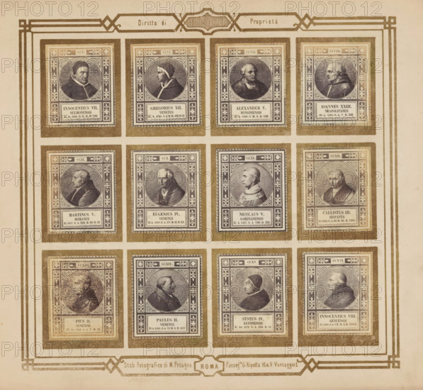 Photo reproduction of twelve portraits of popes, photograph, reproduction, page, photographer: M. Petagna, Rome, after sculpture by anonymous, c. 1854 - in or before 1864, after sculpture by, paper, albumen print, height 187 mm x width 210 mm, pope, A framed sheet showing a grid of portrait panels, each panel containing an oval portrait of a man in historical dress set inside an ornate rectangular border with decorative patterns; the portraits vary in head orientation and attire, including caps, robes, and collars, and the panels are arranged in rows and columns with wide margins and decorative corner lines surrounding the whole sheet.