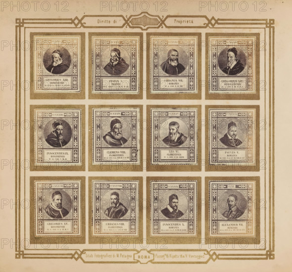Photo reproduction of twelve portraits of popes, photograph, reproduction, page, photographer: M. Petagna, Rome, after sculpture by anonymous, c. 1854 - in or before 1864, after sculpture by, paper, albumen print, height 187 mm x width 210 mm, pope, A sepia-toned grid of framed portrait vignettes arranged in rows and columns, each vignette featuring an oval portrait of a bearded man wearing clerical headwear and robes, surrounded by ornate rectangular decorative borders with floral corner motifs and patterned bands, all set within broader gilded rectangular mats and separated by pale margins, with an outer decorative border framing the entire sheet.