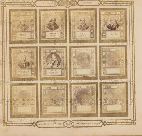 Photo reproduction of six portraits of popes, photograph, reproduction, page, photographer: M. Petagna, Rome, after sculpture by anonymous, c. 1854 - in or before 1864, after sculpture by, paper, albumen print, height 187 mm x width 210 mm, pope, A faded sheet showing a grid of ornate rectangular panels arranged in rows and columns, each panel framed with decorative borders and floral corner motifs; several panels contain oval portrait medallions with busts of men in formal robes and collars, with other panels showing empty oval areas surrounded by the same patterned borders; the overall palette is sepia-toned with aged paper texture and visible margins and framing lines around the entire composition.