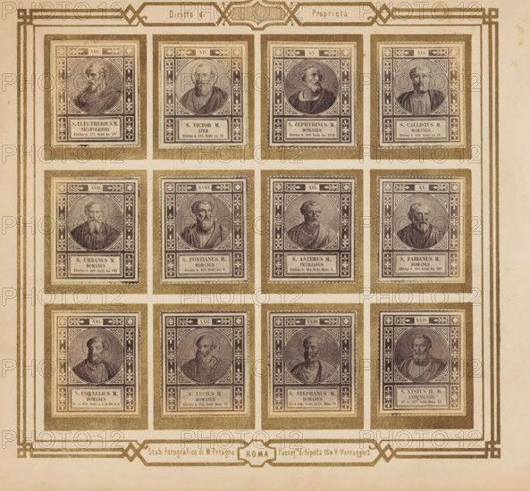 Photo reproduction of twelve portraits of popes, photograph, reproduction, page, photographer: M. Petagna, Rome, after sculpture by anonymous, c. 1854 - in or before 1864, after sculpture by, paper, albumen print, height 187 mm x width 210 mm, pope, A rectangular sheet with a decorative border contains a grid of framed rectangular portraits arranged in rows and columns, each portrait set within an ornate square frame featuring geometric and floral corner motifs and a circular portrait medallion showing a bust of a bearded man in classical-style drapery; each framed portrait rests on a pale background and is surrounded by a darker mat, and there is a horizontal band near the bottom with a small central decorative cartouche.