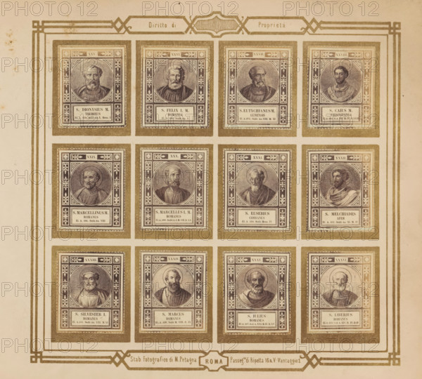 Photo reproduction of twelve portraits of popes, photograph, reproduction, page, photographer: M. Petagna, Rome, after sculpture by anonymous, c. 1854 - in or before 1864, after sculpture by, paper, albumen print, height 187 mm x width 210 mm, pope, A rectangular sheet with a decorative border containing a grid of framed oval portraits of men, each portrait set within an ornate rectangular stamp-like frame and surrounded by patterned corners and floral motifs, printed in muted brown and sepia tones; the men depicted have varied facial hair and hairstyles and wear robes or draped garments, with some portraits showing frontal views and others three-quarter profiles, and the layout shows three vertical columns and multiple horizontal rows of these framed portraits with consistent spacing and aligning borders.