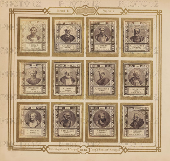 Photo reproduction of twelve portraits of popes, photograph, reproduction, page, photographer: M. Petagna, Rome, after sculpture by anonymous, c. 1854 - in or before 1864, after sculpture by, paper, albumen print, height 187 mm x width 210 mm, pope, A grid of rectangular framed portraits arranged in rows and columns fills the image, each frame containing a circular vignette of a bust of a bearded man shown from the shoulders up, surrounded by ornate geometric and floral borders and set on a textured beige background; the frames alternate with wider decorative margins and thin vertical and horizontal divider lines, and the whole composition is enclosed by a double-line ornamental border with corner embellishments.