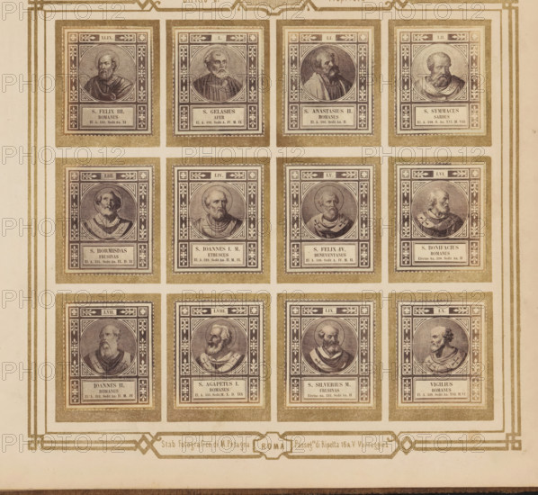 Photo reproduction of twelve portraits of popes, photograph, reproduction, page, photographer: M. Petagna, Rome, after sculpture by anonymous, c. 1854 - in or before 1864, after sculpture by, paper, albumen print, height 187 mm x width 210 mm, pope, A sepia-toned sheet shows a grid of framed rectangular portraits, each frame containing an oval bust of a bearded man set against decorative patterned borders, with ornamental floral corner motifs and a rectangular panel beneath each portrait; the frames are arranged in rows and columns separated by pale margins, and the whole sheet is surrounded by a decorative border with geometric corner designs.