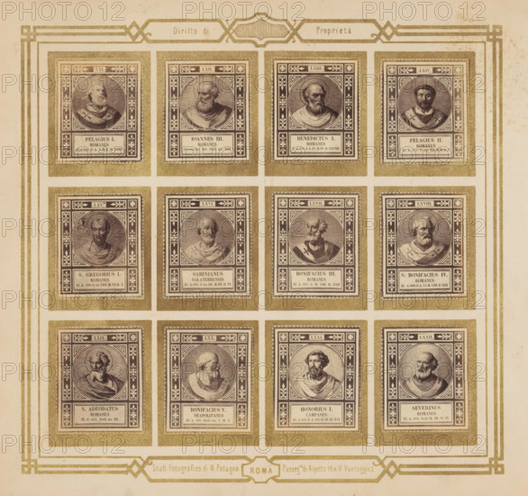 Photo reproduction of twelve portraits of popes, photograph, reproduction, page, photographer: M. Petagna, Rome, after sculpture by anonymous, c. 1854 - in or before 1864, after sculpture by, paper, albumen print, height 187 mm x width 210 mm, pope, A grid of framed portrait medallions arranged in rows and columns fills the page, each medallion showing a bust of a bearded man set within ornate rectangular borders and decorative corner motifs; the portraits vary in facial hair, hairstyles, and clothing details such as collars and draped garments, and each framed panel sits on a textured golden rectangle against a cream-colored background with a decorative geometric border running around the page.