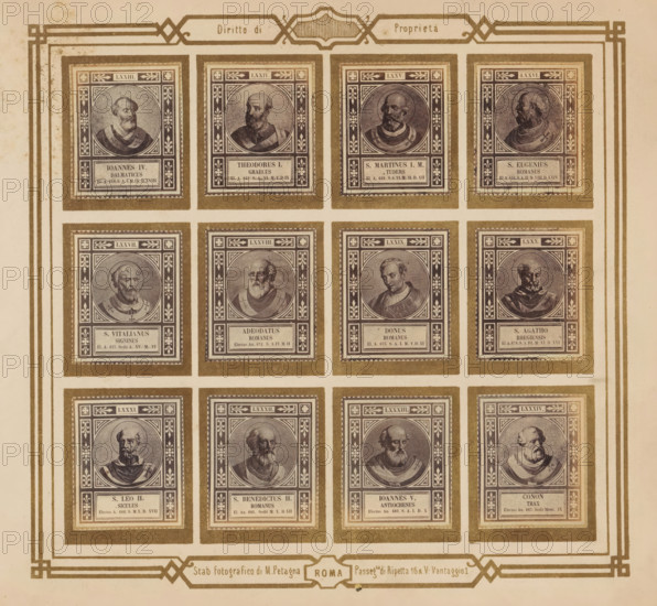 Photo reproduction of twelve portraits of popes, photograph, reproduction, page, photographer: M. Petagna, Rome, after sculpture by anonymous, c. 1854 - in or before 1864, after sculpture by, paper, albumen print, height 187 mm x width 210 mm, pope, A sepia-toned page showing a grid of framed rectangular portrait panels arranged in rows and columns, each panel containing an engraved bust of a man within a circular medallion and ornate geometric and floral borders, with a rectangular label area beneath each portrait; the panels are separated by wide margins and enclosed within a decorative border of parallel lines and corner motifs, and a horizontal decorative header and footer band run across the top and bottom of the page.