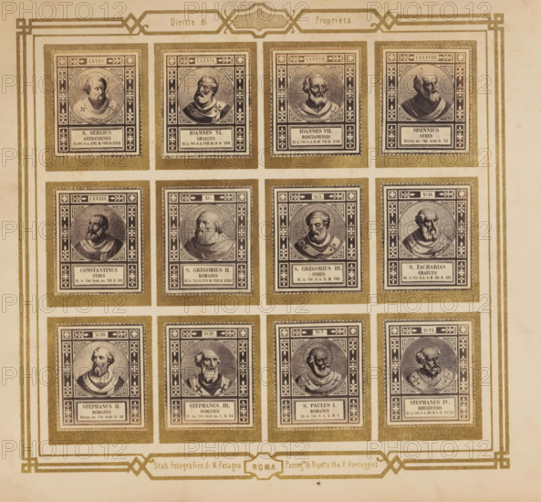 Photo reproduction of twelve portraits of popes, photograph, reproduction, page, photographer: M. Petagna, Rome, after sculpture by anonymous, c. 1854 - in or before 1864, after sculpture by, paper, albumen print, height 187 mm x width 210 mm, pope, A sepia-toned sheet shows a grid of framed rectangular portrait panels arranged in rows and columns, each panel containing a circular bust engraving of an older bearded man wearing clerical robes set against a patterned background and surrounded by ornate borders and decorative corner motifs, with a smaller rectangular cartouche below each portrait; the sheet is bordered by a decorative geometric frame and corner flourishes, and there is a decorative panel along the bottom edge.