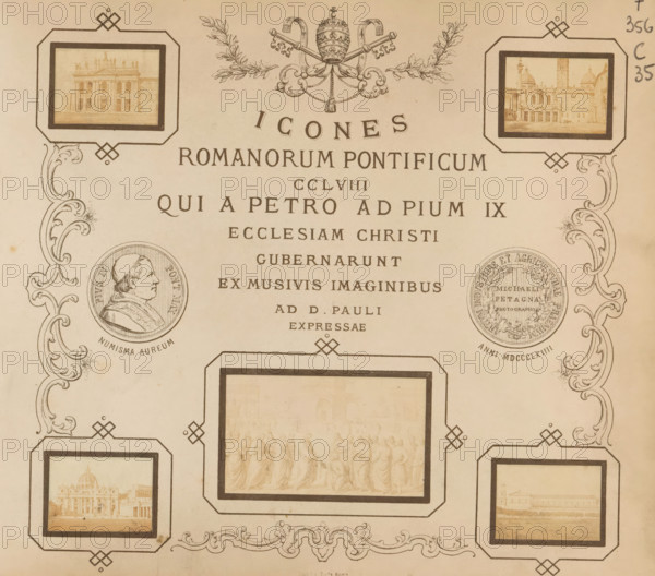Icones romanorum pontificorum CCLVIII qui a Petro ad Pium IX ecclesiam Christi gubernarunt ex musivis imaginibus, book, publisher: Stab fotografico di M. Petagna, 1864, textile materials, paper, linen (material), albumen print, color on cut, decorated paper, height 195 mm x width 220 mm x thickness 10 mm, A sepia toned page with decorative border scrollwork and ornamental corner frames containing small faded photographic prints, a central rectangular framed image showing a group of standing figures, circular medallion portraits on either side with embossed designs, and an ornate emblem at the top featuring crossed keys and a papal tiara with laurel sprigs.