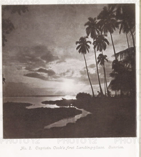 View of a beach with palm trees at sunrise on Tahiti, Captain Cook's first landing-place. Sunrise, page, photomechanical print, number: 'No. 1.', photographer: Henry Stuart-Wortley, Tahiti, cliché maker: Meisenbach's Autotype Company, printer (person): Meisenbach's Autotype Company, 1880, Henry Stuart-Wortley, Meisenbach's Autotype Company, photographer, French Polynesia, paper, collotype, photogravure, height 135 mm x width 135 mm, Print opposite title page., beach, trees: palm-tree, A grayscale coastal scene showing a horizon over calm water with a bright circular light near the horizon and reflections on the water, cloud formations in the sky, a shoreline with dark rocky foreground shapes and a narrow water channel leading inward, silhouetted tall palm trees with visible fronds clustered on the right side, smaller shrubs and vegetation near the shore, and partial overhanging leaves at the upper corners.