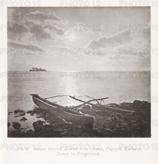 Sunset behind Quarantine Island, Papeete Harbour. Canoe in foreground, Sunset over the Pacific Ocean, seen from Papeete harbour, page, photomechanical print, number: 'No. 9.', photographer: Henry Stuart-Wortley, Papeete, cliché maker: Meisenbach's Autotype Company, printer (person): Meisenbach's Autotype Company, 1880, Meisenbach's Autotype Company, photographer, French Polynesia, Tahiti, paper, collotype, photoprint, height 125 mm x width 138 mm, sunset, A shore scene with a calm expanse of water reflecting light from the sky, a small island with clustered trees visible on the horizon, scattered clouds filling much of the sky, a pair of narrow wooden canoes resting on rocky ground at the water's edge with one canoe showing an outrigger frame, and rocks and shoreline debris in the foreground.