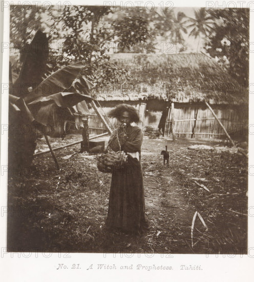 A Witch and Prophetess. Tahiti, Portrait of an unknown woman in front of a house in Tahiti, possibly she has magical or prophetic gifts, page, photomechanical print, number: 'No. 21.', photographer: Henry Stuart-Wortley, Tahiti, cliché maker: Meisenbach's Autotype Company, printer (person): Meisenbach's Autotype Company, 1880, Meisenbach's Autotype Company, photographer, French Polynesia, paper, collotype, photogravure, height 143 mm x width 139 mm, witch, sorceress, A sepia-toned scene shows a person standing in the foreground wearing a long dark garment and holding a woven basket with a strap against their chest, their hair appearing untamed and voluminous and their face partially shadowed; behind them a narrow dirt path leads toward a thatched-roof structure with a bamboo or reed fence, flanked by tall leafy plants and large broad leaves on one side and a thin dog standing on the path closer to the structure; scattered leaves and debris cover the ground and trees with dense foliage ...