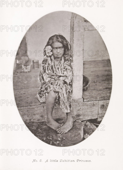 A little Tahitian Princess, Portrait of an unknown girl from Tahiti, page, photomechanical print, number: 'No. 5.', photographer: Henry Stuart-Wortley, Tahiti, cliché maker: Meisenbach's Autotype Company, printer (person): Meisenbach's Autotype Company, 1880, Meisenbach's Autotype Company, photographer, French Polynesia, paper, collotype, photoprint, height 158 mm x width 115 mm, child (at home) - AA - girl, A young girl sits on a wooden porch next to a vertical post, wearing a patterned wrap and multiple beaded necklaces, with a flower tucked behind one ear and her hands resting on her knees, bare feet visible on a stone step, and a woven basket placed behind her.