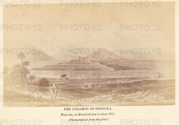 The pyramid of Cholula, photograph, reproduction, page, inscription: 'West side, as Humboldt saw it about 1803.', Mexico, after print by Humboldt, c. 1870 - in or before 1880, Humboldt, photographer, after print by, North America, paper, albumen print, height 92 mm x width 151 mm, Photo after page 156., church (exterior), quadrangular pyramid, Great Pyramid of Cholula, Iglesia de Nuestra Señora de los Remedios, A wide sepia-toned landscape showing a stepped pyramidal mound at the center surrounded by flat agricultural terraces and distant mountain ranges under a pale sky, with scattered palm trees and shrubs in the foreground, a small group of people standing near the lower left edge with one seated figure nearby, a line of animals being led across the middle ground, and a few small buildings visible near the right shoreline.