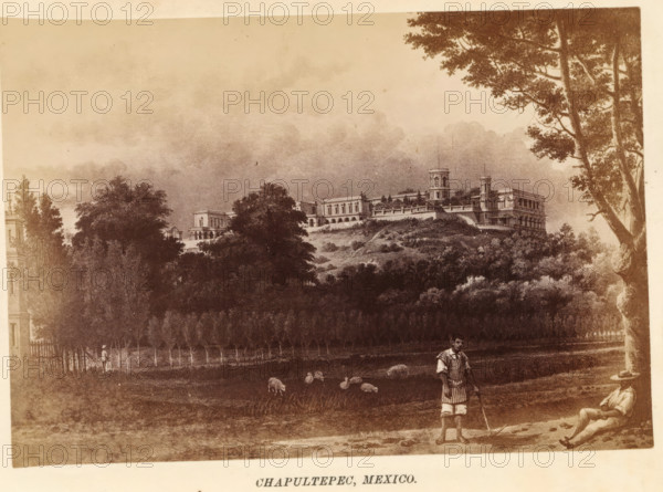Chapultepec, Mexico, photograph, reproduction, page, after print by anonymous, c. 1870 - in or before 1880, photographer, after print by, paper, albumen print, height 98 mm x width 141 mm, city-view in general, 'veduta', palace, façade (of house or building), North America, Mexico City, Palace of Chapultepec, A sepia-toned landscape shows a large hilltop complex of classical-style buildings with towers and colonnades surrounded by trees and shrubbery, a terraced slope leading down to a dense stand of trees in the middle ground, and an open grassy foreground where a standing man in striped clothing holds a staff and a seated man in a wide-brimmed hat reclines nearby, with a small flock of grazing sheep between them and rows of young trees behind them; tall trees frame the right edge and the sky above is filled with soft cloud textures.