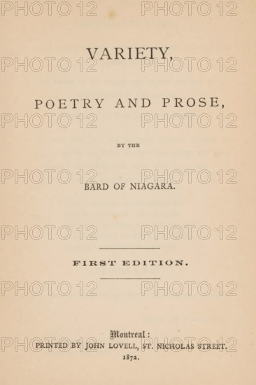 Variety, poetry and prose, book, writer (clerical worker): JB Waid, publisher: John Lovell, Montreal, 1872, writer (clerical worker), North America, textile materials, paper, linen (material), albumen print, height 169 mm x width 115 mm x thickness 20 mm, A vertical page with aged beige paper showing centered printed lines of dark serif type, a larger bold heading near the top, additional lines of smaller and medium type spaced down the page, thin horizontal rules, and faint spots and slight discoloration across the surface.