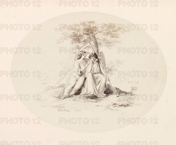 Photo reproduction of a drawing depicting Sleep and Death, photograph, reproduction, page, after drawing by anonymous, c. 1857 - in or before 1867, photographer, paper, albumen print, height 162 mm x width 210 mm, (story of) Hypnos (Sleep) and his brother Thanatos (Death), A circular pencil drawing shows two seated winged figures beneath a tree, one with a hand raised toward the other's face and the other resting a hand against their cheek while holding a long curved tool that rests on the ground, both wearing flowing draped garments and sandals, with detailed foliage in the tree behind them and faint landscape elements in the distant background.
