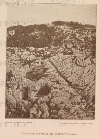 Karrenfeld nächst der Ochsenwieshöhe, Lapiaz at the Ochsenwieshöhe, page, photomechanical print, number: 'VII.', photographer: Friedrich Simony, Salzburg (city), cliché maker: Angerer & Göschl, C., Vienna, publisher: Eduard Hölzel, 1876, Lower Austria, paper, autotypie, height 200 mm x width 154 mm, rock-formations, A monochrome photograph of a rocky landscape showing weathered, striated rock surfaces forming ridges and crevices across the frame, with darker vegetation and low bushes concentrated toward the upper portion above the rocks, and a lone seated figure in dark clothing positioned on a rock ledge near the left edge of the rock field.