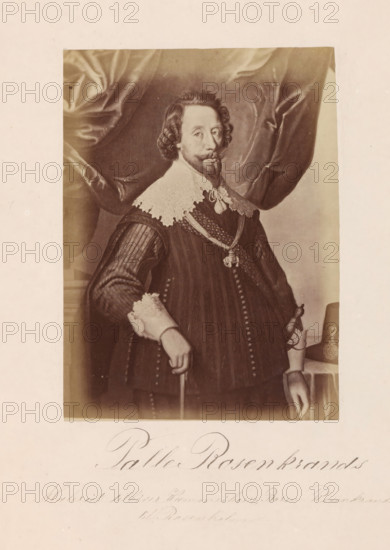Photo reproduction of a painting, depicting a portrait of Palle Rosenkrantz, Palle Rosenkrands, photograph, reproduction, page, inscription: 'Maleriet tillhører Kammerherre, Baron Rosenkrands til Rosenholm.', photographer: Julius Wulff, after painting by anonymous, c. 1858 - in or before 1862, paper, albumen print, albumendruk, height 167 mm x width 124 mm, Person, Palle Rosenkrantz, writer, poet, author, A sepia-toned portrait of a man shown from mid-torso up wearing period clothing with a ruffled lace collar and cuffs, a dark coat with vertical trim and decorative buttons, a sash and chain with a pendant across his chest, and a sheathed sword at his hip; he has curly hair, a mustache and goatee, and one hand rests on a cane while the other hangs near a table partially visible at the edge of the image, with draped fabric forming a backdrop behind him.