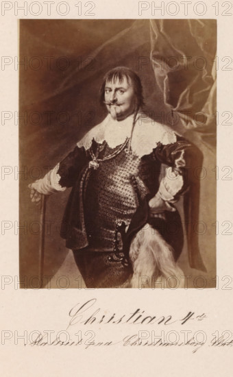 Photographic reproduction of a painting, depicting a portrait of King Christian IV of Denmark, Christian IV, photograph, reproduction, page, inscription: 'Maleriet paa Christiansborg Slot.', photographer: Julius Wulff, after painting by Karel van Mander (I), c. 1858 - in or before 1862, paper, albumen print, height 167 mm x width 123 mm, Person, ruler, sovereign, insignia and symbols of sovereignty (crown, diadem, scepter, orb, seal, standard, cloak, pectoral), A sepia-toned portrait of a man standing in ornate clothing, wearing a lace collar and a textured chainmail-like garment beneath a dark coat, with one hand resting on a cane and the other on his hip; he has a mustache and goatee, straight hair with bangs, and a long thin braid; a draped curtain is visible behind him on one side and a fur-trimmed item hangs near his waist.