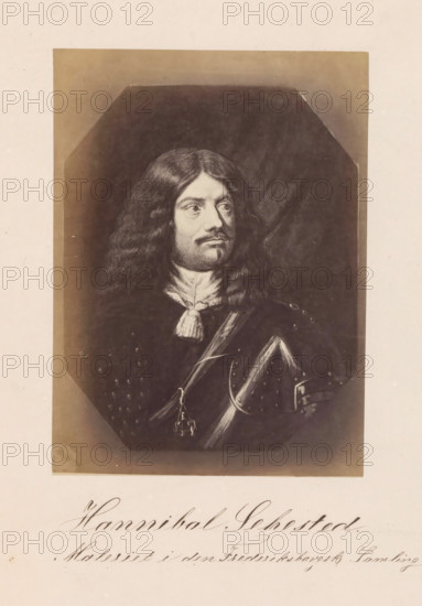 Hannibal Sehested, Photographic reproduction of a painting, depicting a portrait of Hannibal Sehested, photograph, reproduction, page, inscription: 'Maleriet i den Frederiksborgske Samling.', photographer: Julius Wulff, after painting by Karel van Mander (I), c. 1858 - in or before 1862, paper, albumen print, albumendruk, height 166 mm x width 123 mm, Person, governor, etc. of province, A sepia-toned portrait of a man with long wavy dark hair and a mustache, shown from the chest up and turned slightly to his left, wearing a dark garment with a light-colored neck cloth and decorative straps and fittings across his chest, set against a darker octagonal background panel and surrounded by a lighter border.