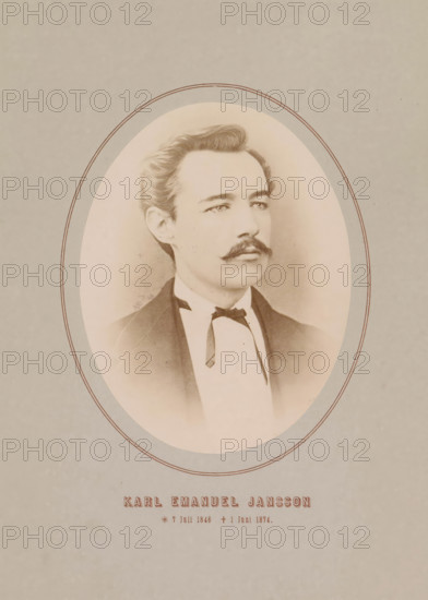 Karl Emanuel Jansson, Photo reproduction of a portrait of Karl Emanuel Jansson, photograph, reproduction, page, inscription: '* 7 July 1846 June 1, 1874.', photographer: Daniel Nyblin, after painting by Fredrik Ahlstedt, c. 1870 - in or before 1880, paper, albumen print, height 135 mm x width 104 mm, Person, portrait, self-portrait of painter, A faded oval portrait of a young man with neatly combed hair and a narrow mustache, dressed in a dark jacket and a pale shirt with a small bow at the collar, set against a light sepia background and framed by concentric oval lines on a textured light-colored paper.