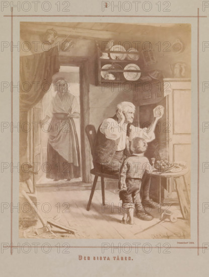 The sixth day, Photo reproduction of a painting by Karl Emanuel Jansson, depicting a man and a boy looking at an empty bottle held by the man, photograph, reproduction, page, inscription: 'Düsseldorf 1869.', number: 'I', photographer: Daniel Nyblin, after painting by Karl Emanuel Jansson, c. 1870 - in or before 1880, paper, albumen print, height 174 mm x width 138 mm, picture, painting, interior of the house, container of glass: bottle, jar, vase, An indoor scene rendered in muted tones shows an older man seated on a chair beside a small round table, holding up a small object and supporting his head with his other hand, while a young child stands facing him holding a toy in one hand. A table nearby holds a bowl of fruit and a small cup, and a cabinet with dishes and cups on a shelf is visible on the wall behind them. To the left, a doorway draped with a curtain reveals a woman standing in the threshold holding a shallow bowl. The floor shows scattered tools and a skateboard-like object...