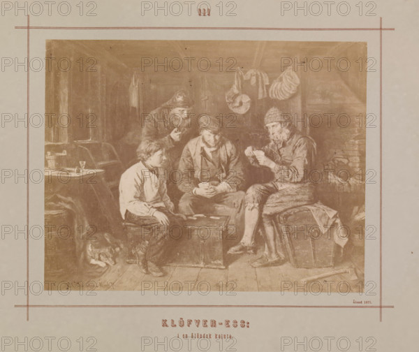 Klöfver-ess i en åländsk kajuta, Photo reproduction of a painting by Karl Emanuel Jansson, depicting men playing cards in a ship's cabin, photograph, reproduction, page, number: 'III', inscription: 'Åland 1871', photographer: Daniel Nyblin, after painting by Karl Emanuel Jansson, c. 1871 - in or before 1880, Daniel Nyblin, Karl Emanuel Jansson, photographer, after painting by, paper, albumen print, albumendruk, height 137 mm x width 175 mm, picture, painting, playing-cards, A sepia-toned image of an interior scene showing four seated men gathered around a small wooden chest that serves as a table, each wearing period clothing and hats; one man holds a pipe near his mouth while another examines a small object in his hands, a younger male sits with hands near the chest and looks toward the center, and a bearded man leans forward from behind the group; the room contains hanging garments and coils of rope on the wall, a wooden floor with visible boards, a trunk or chest used as a seat, a t...