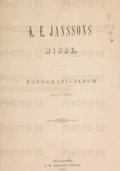 KE Janssons minne : fotografi-album, book, publisher: GW Edlunds Förlag, Helsinki, 1880, textile materials, pasteboard, paper, linen (material), albumen print, printing, height 334 mm x width 260 mm x thickness 15 mm, A faded, beige page with decorative printed lines and large bold headings centered near the top, a narrow wavy divider below them, a small ornate horizontal flourish in the middle area, and scattered pencil markings along the right edge, all on a mottled, aged paper background.