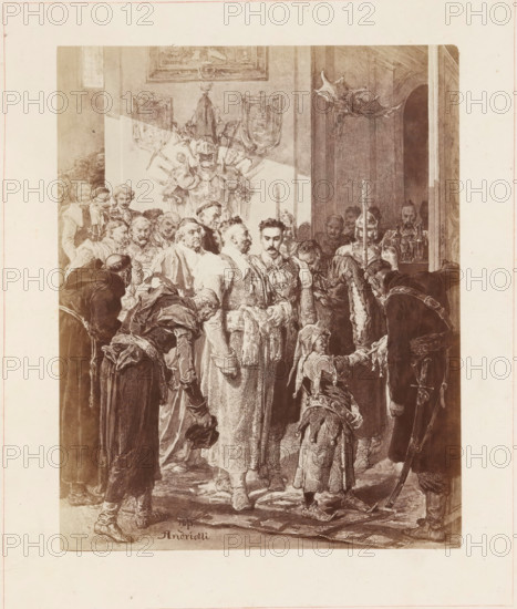 Photo reproduction of a painting depicting a governor in a room with men and a jester, photograph, reproduction, page, inscription: 'W okazale komnaty, (Dlugo niewidziany) zszedl pan Wojewoda bogato przybrany, a gdy kazdy to szczescie usilowal glosic- zdawal sie wiecéj synem, niz chuba unosic.', maker: Konrad Brandel, after painting by Michal Elwiro Andriolli, c. 1866 - in or before 1876, paper, albumen print, height 186 mm x width 148 mm, Photo opposite title page., interior of the house, governor, etc. of province, court jester, court fool, A sepia-toned illustration shows a crowded interior scene with many people clustered together, most wearing historical clothing including long robes, cloaks, and military-style garments; several figures are bowed while others stand upright and face different directions, and one central man with a mustache and ornate attire looks forward. In the background there is a decorative suit of armor displayed on a wall flanked by panels, and tall candlesti...