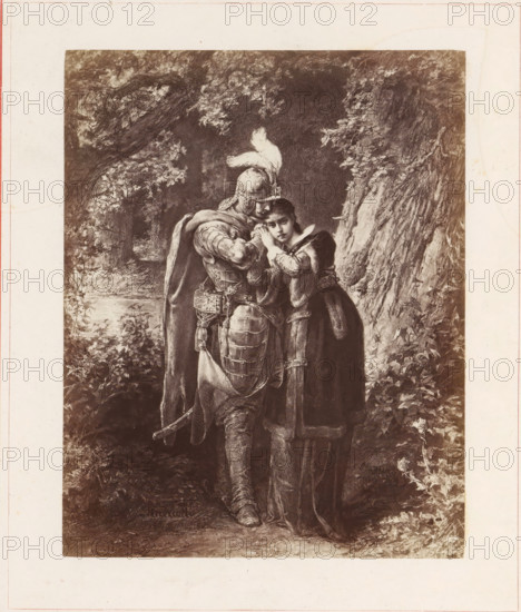 Photo reproduction of a painting depicting a knight and a woman on a forest path, photograph, reproduction, page, inscription: '(so stra. 24). Maryo! czys ty nie chora? bo masz taka postac, Jakbys sie, do Aniolów myslala juz dostac, I w nowém udreczeniu, choc sie toba pieszcze, Prawie sie spytac pragne - czy mnie kochasz jeszcze?', photographer: Konrad Brandel, after painting by Michal Elwiro Andriolli, c. 1875 - in or before 1876, paper, albumen print, albumendruk, height 187 mm x width 148 mm, adult woman, forest path or lane, knight, A monochrome illustration shows a scene set against dense foliage and a large tree trunk, with a figure in ornate armor wearing a plumed helmet and a long cloak embracing a second figure in a dark dress with a high collar; the armored figure has detailed plate armor and decorative belt elements, while the other figure leans into the embrace with a hand raised to the armored figure’s shoulder and an expression visible on the face; surrounding them are le...