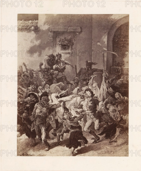 Photo reproduction of a painting probably depicting a party with a devil playing the violin and a personification of death with a scythe, photograph, reproduction, page, inscription: '(so stra. 33). Tak mu w szumiacéj glowie mysl wziela tancowac, ze patrzal, a nie wiedzial jak sie pomiarkowac. Smial sie z Zydow, Cyganek, bal Wrozek z Djablami, I chciwie lapal ruchy - i mruzyl oczami.', photographer: Konrad Brandel, after painting by Michal Elwiro Andriolli, c. 1875 - in or before 1876, paper, albumen print, albumendruk, height 187 mm x width 146 mm, festivities, A densely detailed black and white illustration fills a rectangular central area surrounded by a wide pale margin, showing a chaotic scene of many figures in dynamic poses. In the foreground a crowd of people and fantastical figures jostle and stagger, wearing a variety of hats, ruffled clothing, and armor, with some faces contorted and others masked or skeletal; one tall thin figure holds a long scythe upward while another nea...