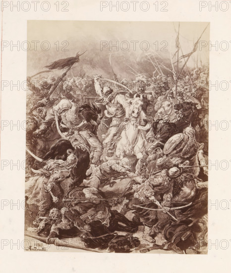 Photo reproduction of a painting depicting a battlefield between probably the Poles and the Tartars, photograph, reproduction, page, inscription: 'Leca obces na siebie - Polacy, Tatarzy, W Bezczynném zachwyceniu patrza co sie zdarzy Jakis czas Miecznik zmudzil, uderzy - odskoczy - I znowu w calym pedzie przeciwnika tloczy:', photographer: Konrad Brandel, after painting by Michal Elwiro Andriolli, c. 1875 - in or before 1876, paper, albumen print, albumendruk, height 185 mm x width 147 mm, battle, A densely detailed monochrome illustration fills the central area, depicting a chaotic mounted battle scene with many armored and fur-clad figures intertwined among rearing horses and fallen combatants; visible are swords, spears, curved blades, shields, helmets with various shapes and plumes, flowing cloaks and banners, and dynamic poses showing raised weapons and grasping hands amid swirling capes and animal manes, with tightly packed bodies and limbs creating a tumultuous, energetic composi...