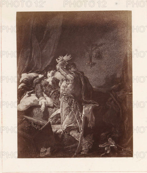 Photo reproduction of a painting depicting a man in front of a bed on which a woman lies, possibly deceased, photograph, reproduction, page, inscription: 'Zwieszone rece, glowa, zdretwiale juz nogi, Czynia z niej przedmiot straszny, jemu jeszcze drogi.', photographer: Konrad Brandel, after painting by Michal Elwiro Andriolli, c. 1875 - in or before 1876, paper, albumen print, height 189 mm x width 148 mm, bed, A dark, highly detailed monochrome scene shows an armored figure kneeling beside a bed where a person reclines with long hair and a soft pillow beneath their head; the armored figure reaches toward the reclining person with an outstretched hand while a cloak falls across their back and a sword or long weapon rests against their leg, and various folds of fabric and textured shadows fill the background creating a somber interior atmosphere.