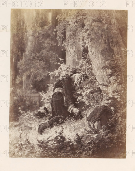 Photo reproduction of a painting depicting an old man leaning against a tree in a forest, photograph, reproduction, page, inscription: '(do str. 64). tylko ze gdy trwogi odglos z traby wojennej dochodzil daleki, nie porwal sie korda - juz spal - spal na wieki.', photographer: Konrad Brandel, after painting by Michal Elwiro Andriolli, c. 1875 - in or before 1876, paper, albumen print, albumendruk, height 189 mm x width 148 mm, forest, wood, old man, A monochrome illustration shows a wooded scene with dense foliage and large tree trunks, leaves and vines filling much of the frame, and undergrowth covering the ground. A figure clad in dark, old-fashioned clothing kneels among the plants, head bowed and leaning against a tree trunk, with long hair and a visible hand resting on the earth. Nearby a booted leg extends behind the figure and a rounded object lies on the ground beside them. A weathered wooden grave marker protrudes from the undergrowth and is partly covered by vines. The backgro...