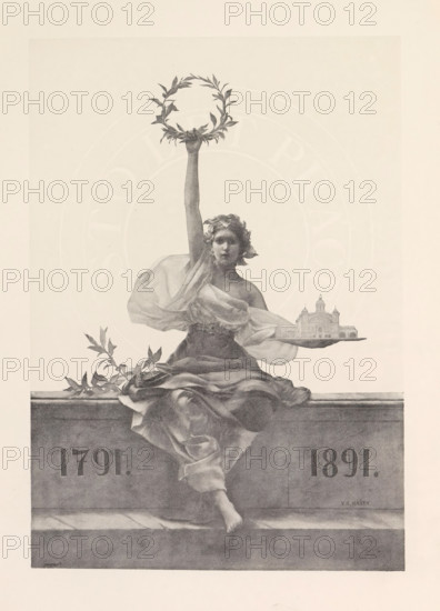 Photo reproduction of a drawing, (presumably) depicting a personification of the Czech Republic with a laurel wreath, reproduction, page, photomechanical print, cliché maker: Carl Bellmann, Prague, after drawing by YK Mašek, c. 1888 - in or before 1893, photographer, paper, autotypie, height 248 mm x width 175 mm, crowning with laurel, personification of a city, town-patron(ess), A grayscale illustration of a seated woman in flowing drapery with one arm raised upward holding a circular wreath of leaves and the other arm extended to the side supporting a small architectural model, a leafy branch resting beside her on a ledge, her head adorned with foliage and her expression neutral, her legs draped over the edge of the ledge with one bare foot visible, a wide stone plinth beneath her with sculpted recesses and shading.