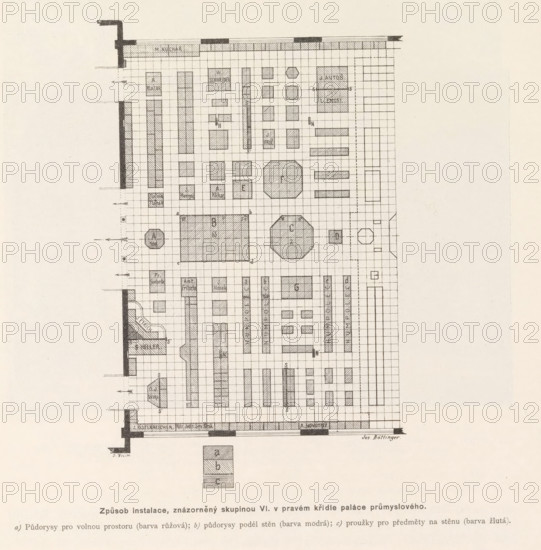 Right wing of the Industrial Palace on the Výstavište in Prague, Pohled do pravého kridla prumyslového paláce po ukonceni instalace, page, photomechanical print, Výstavište, cliché maker: Carl Bellmann, Prague, c. 1888 - in or before 1893, photographer, paper, autotypie, height 130 mm x width 190 mm, temporary exhibition, 'Salon', interior, representation of a building, A sepia-toned architectural floor plan oriented vertically on the page with a grid overlay and hatched rectangular and octagonal room shapes, narrow hatched corridors and various small filled and outlined blocks arranged in rows and columns, thick dark border walls along the left and top edges, a detached shaded square block near the bottom center, and faint printing at the very bottom edge.