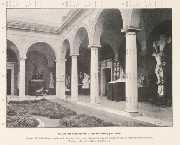 Courtyard of a sculpture gallery in Prague, Výstava del socharských v nádvori budovy pro umení, page, photomechanical print, Prague, cliché maker: Carl Bellmann, c. 1888 - in or before 1893, photographer, paper, autotypie, height 181 mm x width 248 mm, gallery of sculptures, A colonnaded courtyard with a series of rounded arches supported by cylindrical columns, a grassy central area with low plantings, and multiple sculptures displayed beneath the arches including a crucifixion figure mounted on a cross, several standing and seated statues on pedestals, and a group of relief-like plaques arranged on a wall; the image is monochrome and framed by a border.