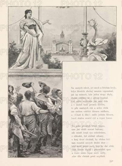 Photo reproduction of a drawing, depicting workers saluting a woman with a hammer, reproduction, page, photomechanical print, Výstavište, cliché maker: Carl Bellmann, Prague, after drawing by anonymous, c. 1888 - in or before 1893, photographer, paper, autotype, height 262 mm x width 188 mm, adult woman, working class, laborers, A grayscale illustration shows a scene divided into upper and lower sections. In the upper left a robed woman stands on a platform, one arm extended and the other resting on a vertical staff, her draped garments falling to the platform. To the right a partially nude figure leans against an ornate column, one arm raised holding a wreath and fabric billowing around the torso. Between them in the background an ornate archway and architectural façade are visible. The lower section depicts a crowd of workers from behind, many raising hats and tools, with visible shovels and mallets and clothing typical of manual labor. The image is bordered and set against a light b...