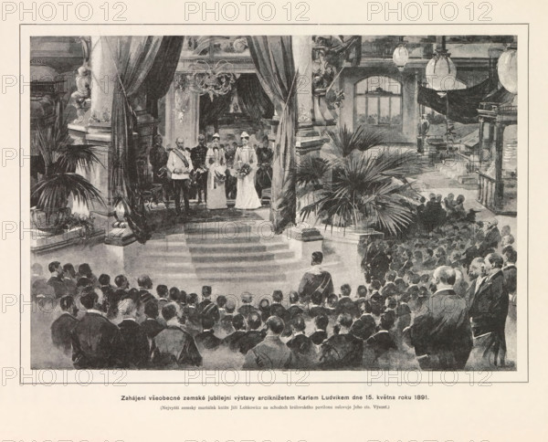 Zahájeni vseobecné zemské jubilejni výstavy arciknizetem Karlem Ludvikem dne 15. kvetna roku 1891, Photo reproduction of a drawing depicting the opening of an exhibition by Charles Louis of Austria, reproduction, page, photomechanical print, Výstavište, cliché maker: Carl Bellmann, Prague, after drawing by anonymous, in or after 1891-05-15 - in or before 1893, photographer, paper, autotypie, height 168 mm x width 242 mm, public festivities on the occasion of royal events, A grayscale illustration of an ornate interior with a crowd of seated and standing figures facing a raised platform where a small group stands between large draped curtains, flanked by decorative columns and potted plants; chandeliers hang from the ceiling and large round lamps are visible, while architectural details like railings, a window, and stair steps appear in the background.