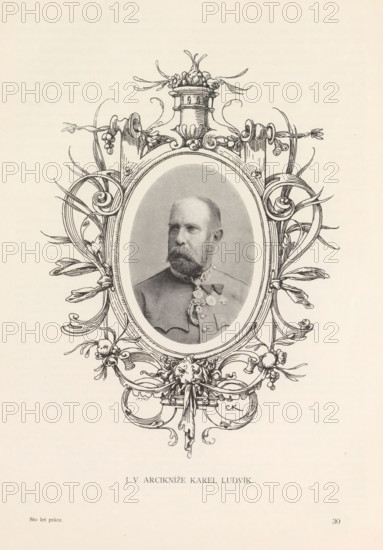 Portrait of Archduke Charles Louis of Austria, JV Arciknize Karel Ludvik, page, photomechanical print, Výstavište, clichémaker: Carl Bellmann, Prague, c. 1891 - in or before 1893, photographer, paper, autotype, height 100 mm x width 69 mm, Person, Charles Louis (Archduke of Austria), ruler, sovereign, A monochrome portrait of a bearded man in an oval frame surrounded by ornate decorative floral and ribbon-like linework with a decorative urn at the top and a sculpted face and drapery at the bottom, the man wearing a uniform with medals and a high collar, all centered on a light background.