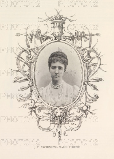 Portrait of Archduchess Maria Theresia of Bragança, JV Arciknezna Marie Terezie, page, photomechanical print, cliché maker: Carl Bellmann, Prague, c. 1888 - in or before 1893, photographer, paper, autotypie, height 110 mm x width 81 mm, Person, Maria Theresia van Bragança, ruler, sovereign - BB - female ruler, A sepia-toned portrait of a woman enclosed within an ornate oval frame featuring flowing floral and ribbon-like decorative elements and a vase-like ornament at the top; the woman has short styled hair, a calm neutral expression, and wears a layered dress with a multi-strand beaded necklace, all set against a plain background with decorative scrollwork extending around the oval.