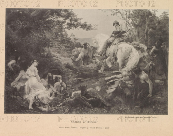Photo reproduction of a painting depicting Duke Oldrich of Bohemia meeting Božena, Oldrich a Bozena, reproduction, page, photomechanical print, Prague, cliché maker: Carl Bellmann, after painting by František Ženíšek, c. 1891 - in or before 1893, photographer, paper, collotype, photoprint, height 158 mm x width 244 mm, Person, Oldrich van Bohemia, Božena, adult woman, ruler, sovereign, A grayscale classical painting reproduction showing a wooded landscape with figures and animals. In the foreground on the left, a group of seated and reclining women in draped garments occupy a grassy area beneath trees, one woman turned slightly away with fabric gathered around her. Towards the center, a standing man gestures with one arm extended while another figure leans forward near him. To the right, a mounted man sits astride a light-colored horse, holding a bow with arrows visible at his side, and another man stands nearby. In the lower right, a muscular male figure reaches toward the ground whil...