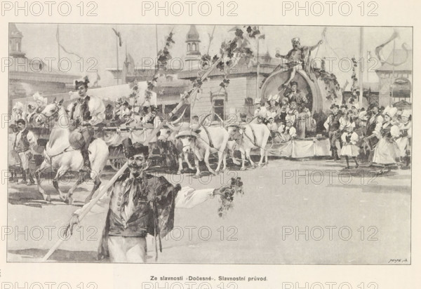 Ze slavnosti, Docesné' Slavnostní pruvod, Photographic reproduction of a painting, representing a parade for the Harvest Festival, reproduction, page, photomechanical print, Prague, cliché maker: Carl Bellmann, after painting by anonymous, c. 1891 - in or before 1893, Carl Bellmann, photographer, cliché maker, after painting by, paper, autotype, height 266 mm x width 159 mm, harvest festivities (parade, pageant, cavalcade, festive activities), A monochrome scene shows a crowded outdoor procession with a foreground man in traditional attire holding a long pole and a small bouquet, a line of oxen yoked to a decorated cart behind him, a mounted rider on a horse to the left, and a group of people in period clothing gathered around and on a large circular wagon feature, with women wearing head coverings and dresses and men in vests and hats; buildings with towers and awnings form the background and long garlands drape across the scene.
