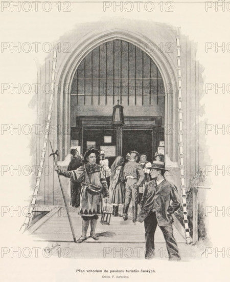 Pred vchodem do pavilonu turistuv ceských, Photo reproduction of a drawing depicting a view of the entrance to the pavilion of the Czech Walking Club in Prague, reproduction, page, photomechanical print, Prague, cliché maker: Carl Bellmann, after drawing by anonymous, c. 1891 - in or before 1893, photographer, paper, autotypie, height 202 mm x width 157 mm, gate, entrance, A grayscale illustration of a large arched doorway with a tall window of vertical panes above a set of double doors and a hanging lantern, flanked by two vertical ladders attached to the surrounding wall; in front of the entrance a group of people stand and converse, including a central figure in historical attire holding a long staff and a lantern, a man in a suit and hat standing with one hand in his pocket, and several others in period clothing clustered near the doorway.