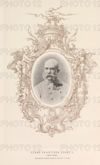 Císar František Josef I, Portrait of Emperor Franz Joseph I of Austria, page, photomechanical print, cliché maker: Carl Bellmann, Prague, c. 1888 - in or before 1893, photographer, paper, autotype, height 102 mm x width 77 mm, Person, Franz Joseph I Karl (Emperor of Austria), emperor, An oval photographic portrait of an older man with a bald head, prominent facial hair, and a decorated military-style jacket is set within an ornate decorative frame featuring flowing scrollwork, floral motifs, and two cherubic figures on either side; the frame includes a crown-like element at the top and intricate carved details surrounding the portrait, all rendered in a sepia-toned illustration against a pale background.